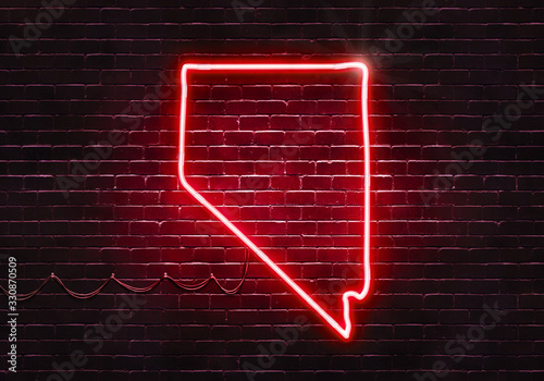 Neon sign on a brick wall in the shape of Nevada.(illustration series)