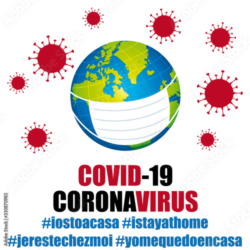 Covid-19 Coronavirus protection mask. Global pandemic prevention. Hashtags i stay at home in different languages. Vector illustration.  photo