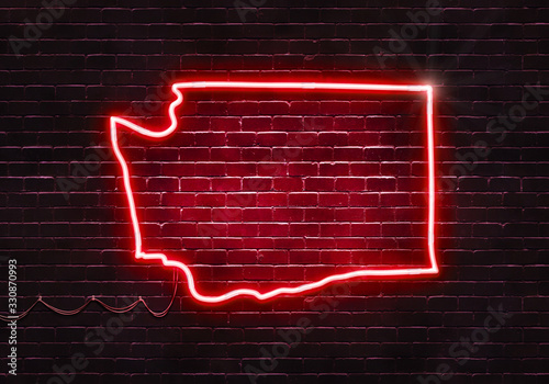 Neon sign on a brick wall in the shape of Washington.(illustration series)