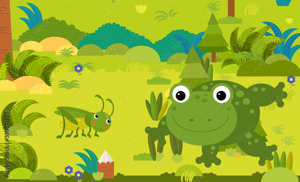 cartoon scene with different european animals in the forest illustration