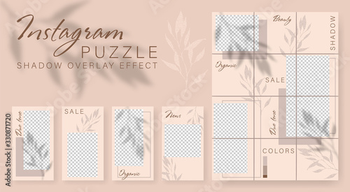 Instagram puzzle. Design backgrounds for social media banner. Set Instagram stories and post frame templates.Vector cover. Mockup for personal blog or shop. Shadow overlay effect Endless square puzzle