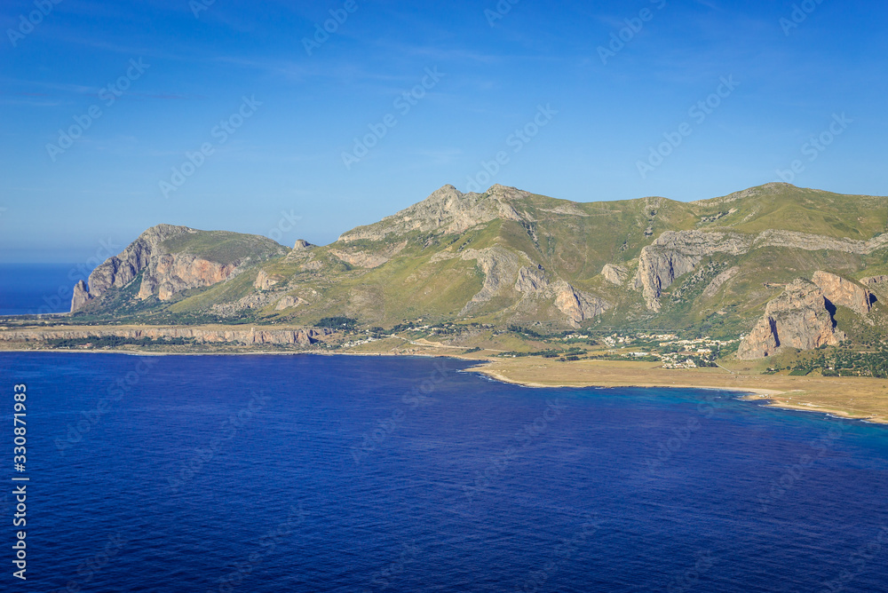 Aerial view from Mount Cofano on Monaco Mountai on Sicily Island, Italy