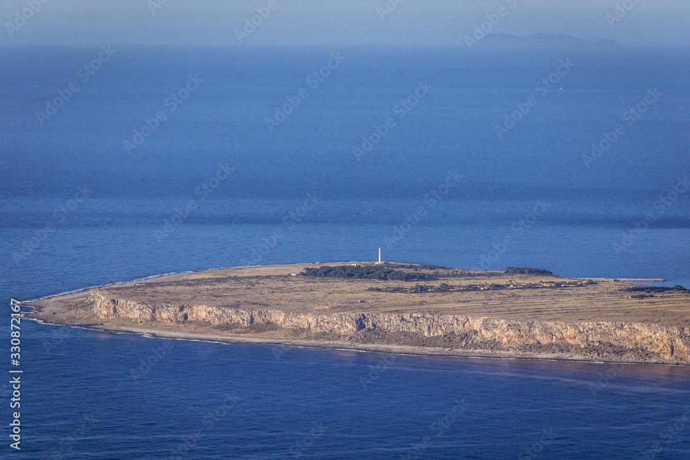 Lighthouse on San Vito cape - aerial view from the top of Mount Cofano on Sicily Island, Italy