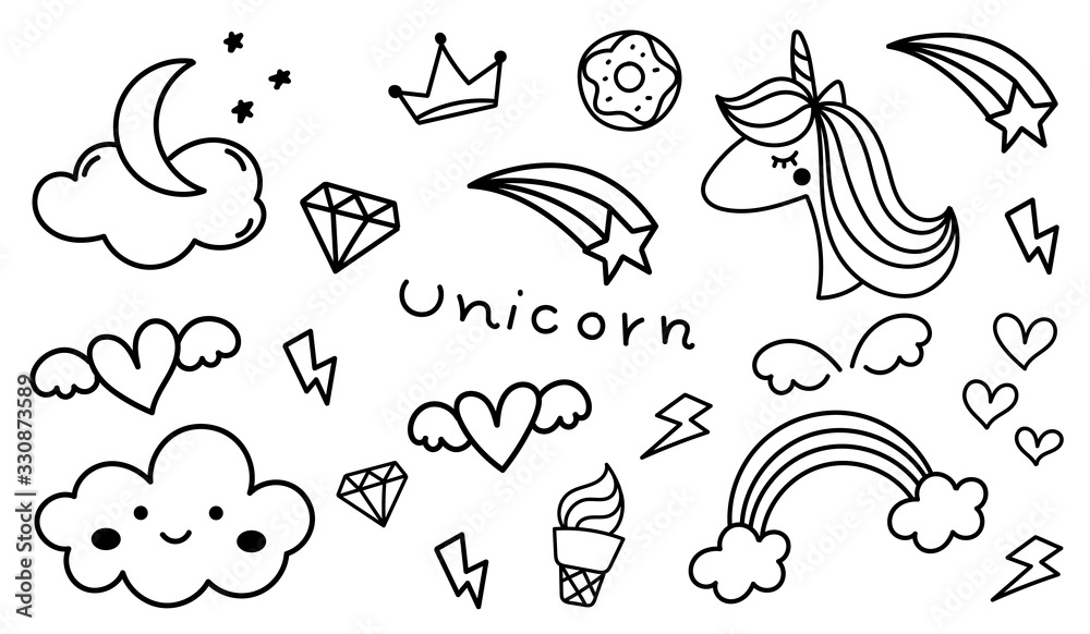 Unicorn and cute doodle vector set. Hand drawn Vector design element for kids and prints. Unicorn and cute doodle vector set. Hand drawn Vector design element for kids and prints.