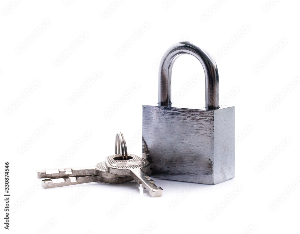 Metal padlock with keys on a ring isolated on white background Metal padlock with keys on a ring isolated on white background