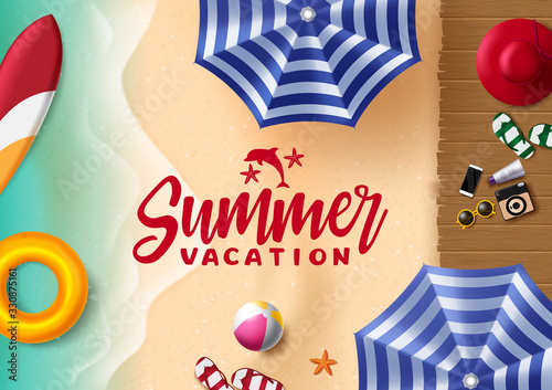 Summer vacation vector background design. Summer vacation text in seaside with beach elements like umbrella, surfboard, floater, beach ball, flip flop and hat in beach background for travel season.