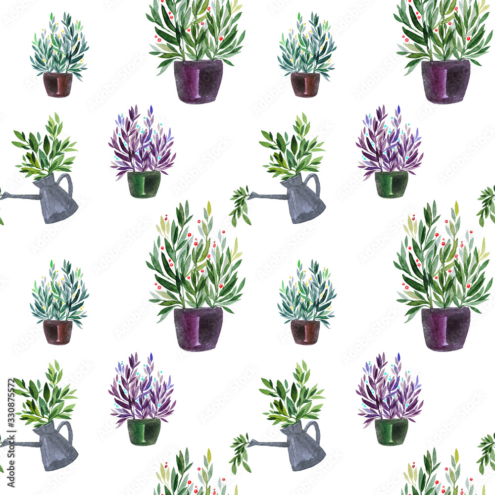 Seamless pattern watercolor plant in pot and watering can isolated on white background creative wrapping