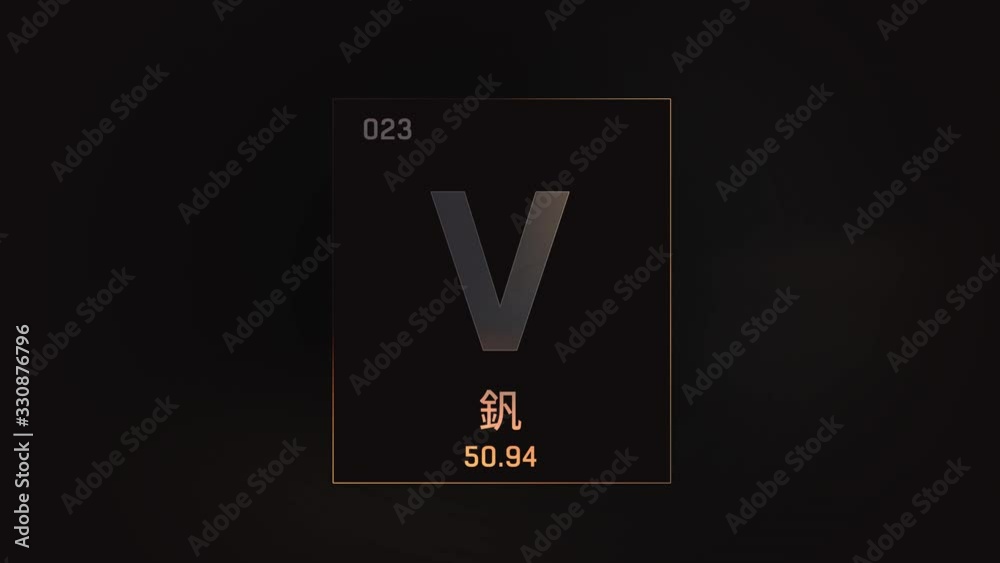 Vanadium as Element 23 of the Periodic Table. Seamlessly looping 3D animation on grey illuminated atom design background orbiting electrons name, atomic weight element number in Chinese language Vanadium as Element 23 of the Periodic Table. Seamlessly looping 3D animation on grey illuminated atom design background orbiting electrons name, atomic weight element number in Chinese language