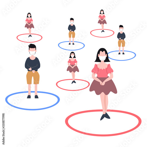 Social distancing concept. People wear mask fight covid-19. Corona virus outbreak pandemic. flat character. Abstract people. Health and medical.