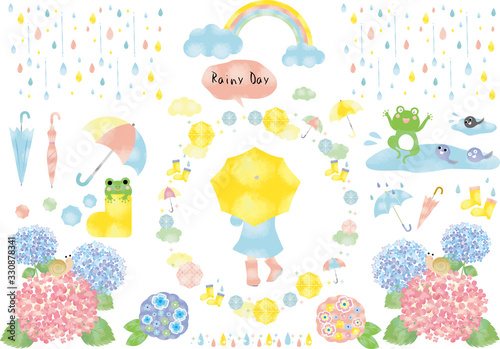 雨：雨　雫　雨粒　レインコート　レインブーツ　傘　長靴　紫陽花　カエル　水たまり　おたまじゃくし