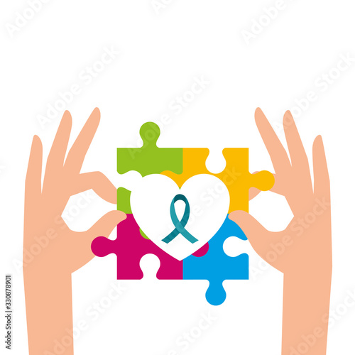 hands with set of puzzle pieces and ribbon vector illustration design