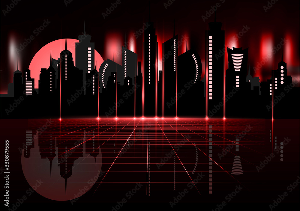80s Retro Sci-Fi Background with Night City Skyline. Vector futuristic ...
