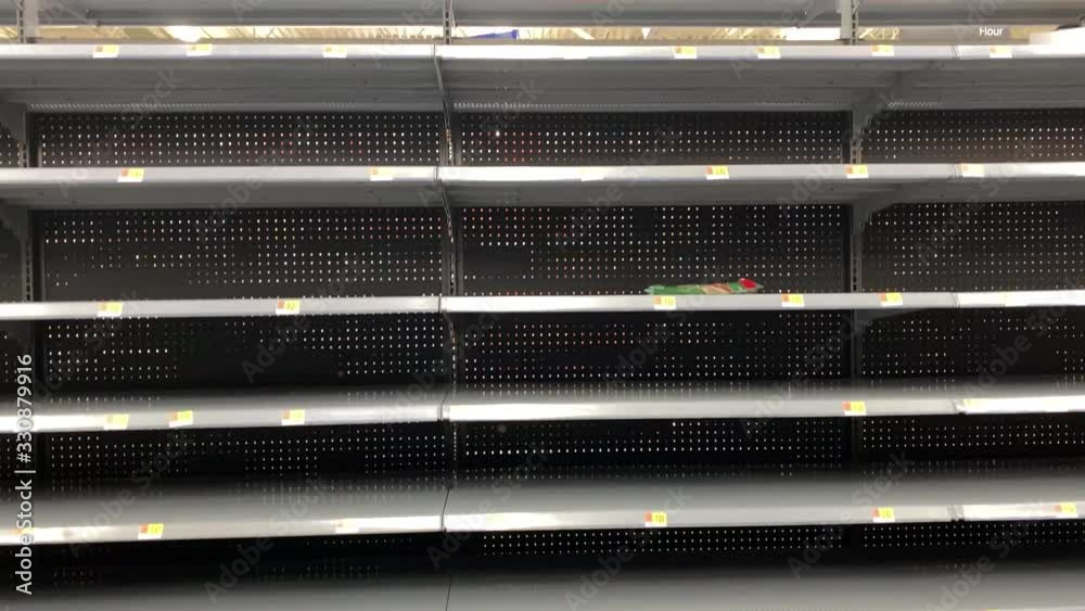 Completely Empty Shelf In Grocery Store. Supermarket With Empty Shelves