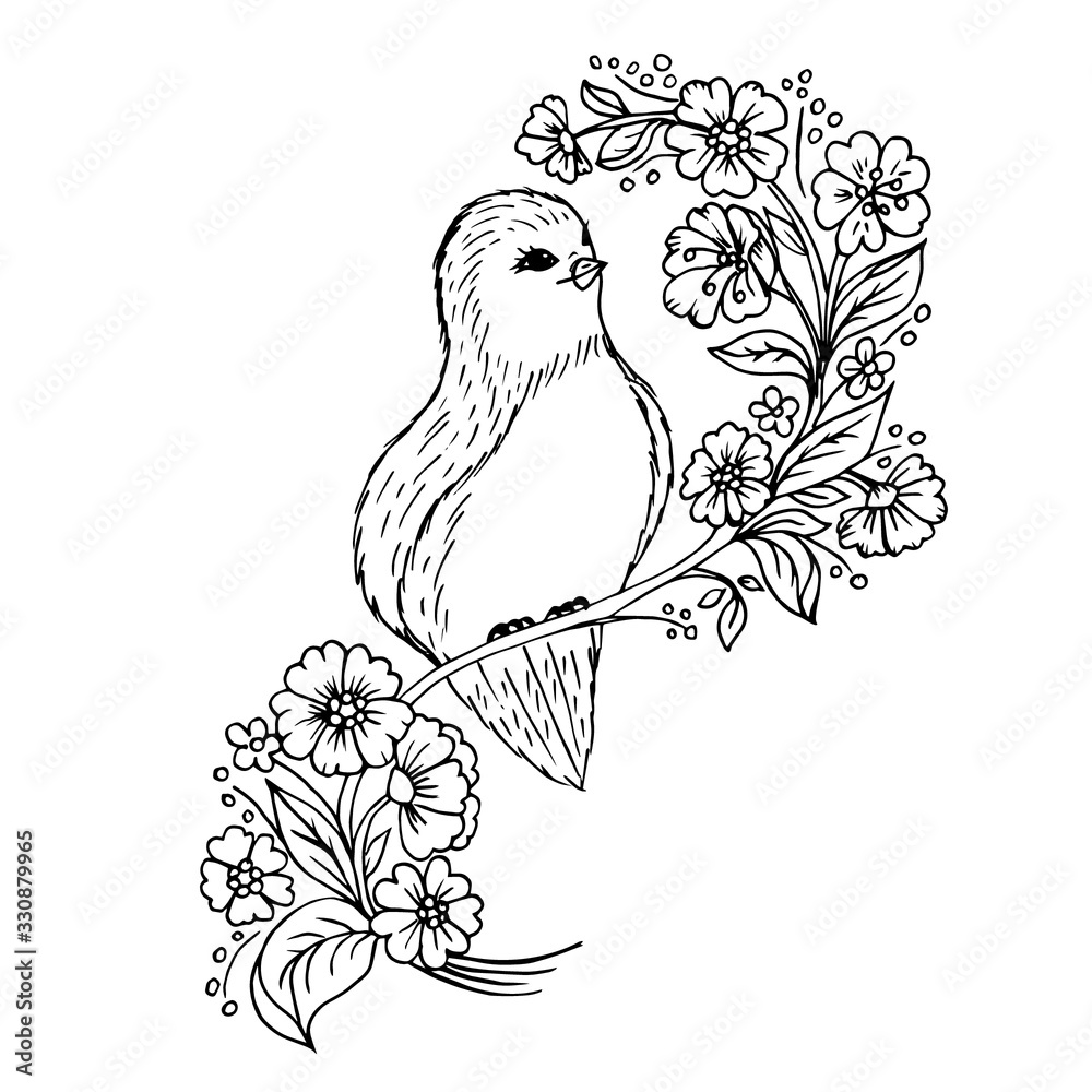 Doodle cute bird on a branch with flowers black outline on a white background