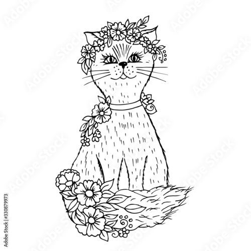 Doodle cute cat with flowers black outline on white background