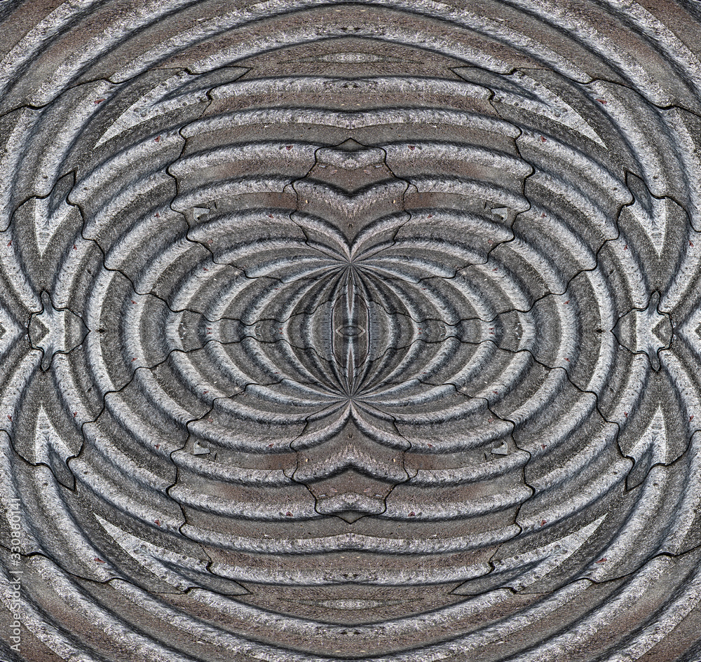 Fototapeta premium Part of surface of corrugated covering in geometric picture. A profiled shape of tin roof in abstract image. Decoration from industrial material.