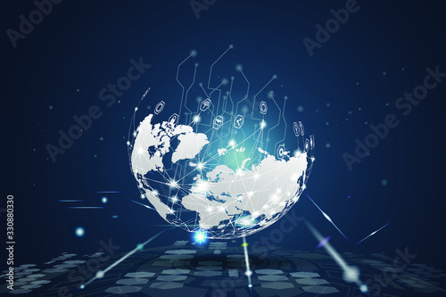 Technology wireless network globe communications system with world map.