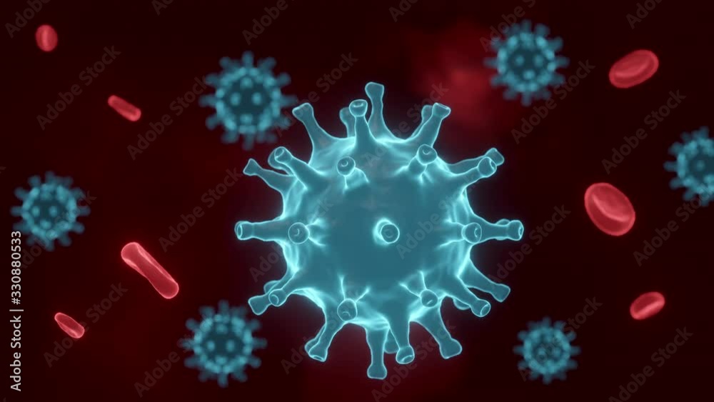 3D animation Coronavirus cell inside human body. COVID-19 cell in microscope view. Realistic 3D rendering. Virus simulation model in respiratory infections. Concept of healthy care. 3D animation Coronavirus cell inside human body. COVID-19 cell in microscope view. Realistic 3D rendering. Virus simulation model in respiratory infections. Concept of healthy care.