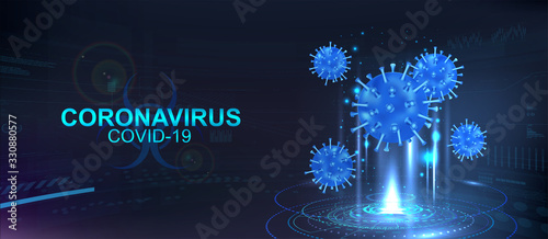 Hologram of Covid-19, Coronavirus bacteria on a blue futuristic background. Deadly type of virus Covid-19, healthcare banner. 3D microbes on dark background. Infectious pathogen virus concept. Vector