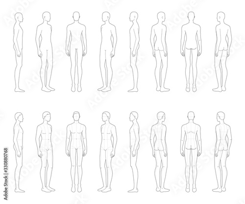Fashion template of 16 standing men. 