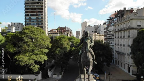 Drone slowly descending in front of Bartolomé Mitre monument in Recoleta, Buenos Aires photo