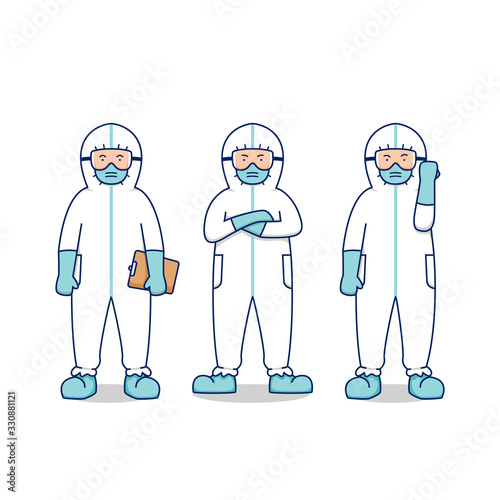 Doctor nurse medical hospital people with hazmat biohazard suit for corona disease pandemic epidemic vector set