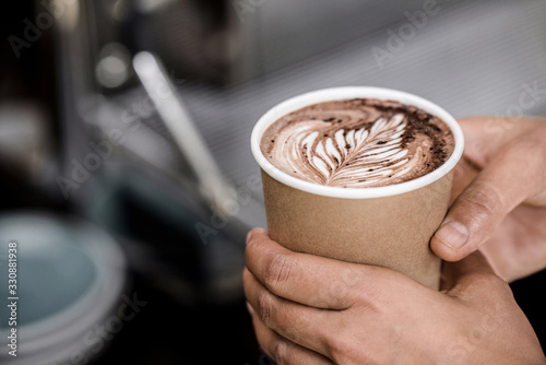 Fotografie, Tablou Close up shot of male hands holding take away cup of brewed hot coffee with Fern