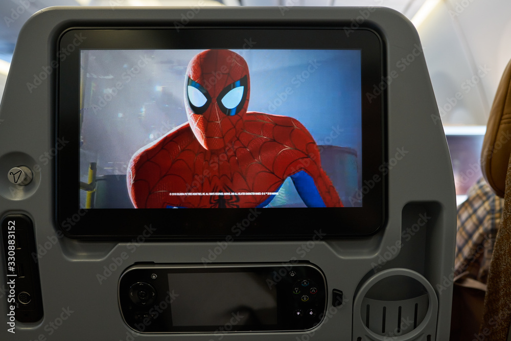 Naklejka premium HONG KONG - CIRCA APRIL, 2019: seat back screen in economy class on Singapore Airplines Airbus A350.