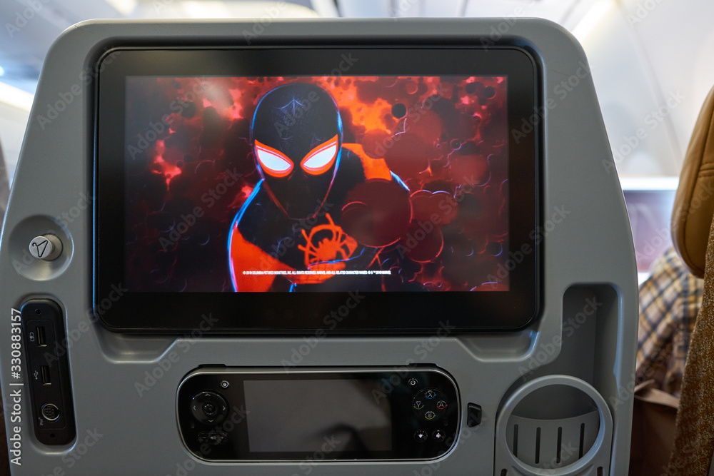 Obraz premium HONG KONG - CIRCA APRIL, 2019: seat back screen in economy class on Singapore Airplines Airbus A350.