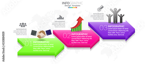 Timeline chart infographic template with 3 steps of arrows options.