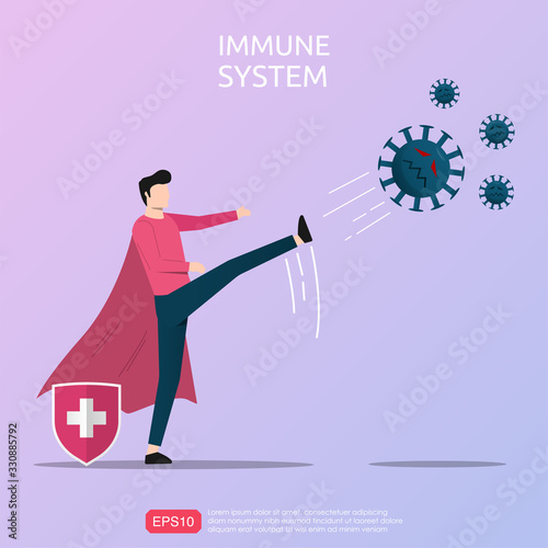 Strong immune system concept. Powerful man character kicking virus or infectious agent. Metaphor vector illustration template