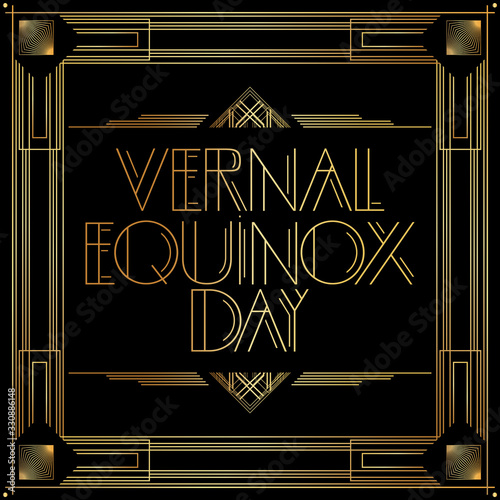 Art Deco Vernal Equinox Day poster, holiday in Japan on March 21st. Golden decorative greeting card, sign with vintage letters.