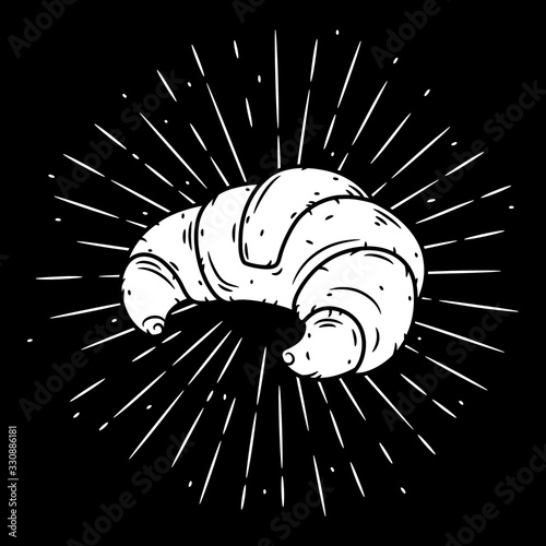 Croissant. Hand drawn vector illustration with croissant and divergent rays. Used for poster, banner, web, t-shirt print, bag print, badges, flyer, logo design and more.