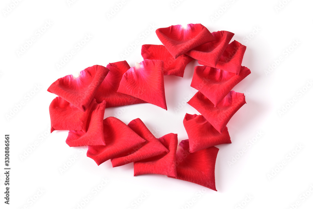 red heart shape of rose petal flower isolated on white background, image romantic love symbol red heart shape of rose petal flower isolated on white background, image romantic love symbol