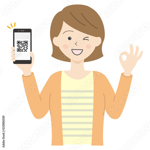 QRコード画面のスマホを持ってオッケーしてる若い女性