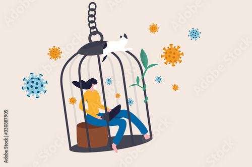 Social distancing, self quarantine and isolation for traveller or person having symptoms on COVID-19 coronavirus flu concept, woman working at home in bird cage pathogens as COVID-19 virus pandemic.