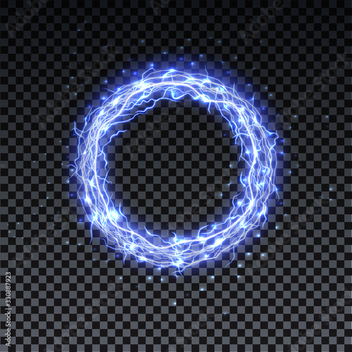 Circle realistic lightning. Thunder spark light, fireball on transparent background. Illuminated realistic path of thunder and many sparks. Bright curved line.