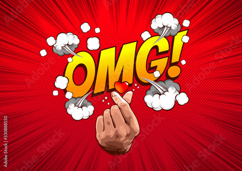 OMG! vintage comic book, speed line and bubbles and picture of hand showing mini heart, Korean love sign, Hand symbol For delivering love, vector illustration.