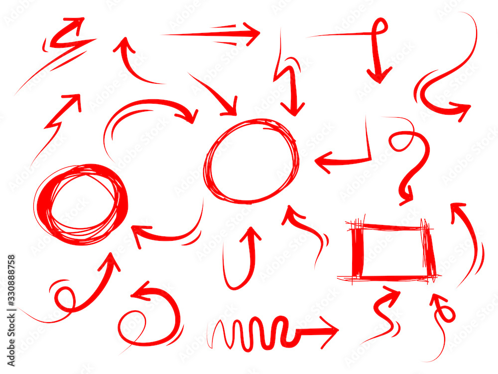 hand drawn Arrows icons Set. red arrows with various directions. Doodle vector illustration. isolated on a white background hand drawn Arrows icons Set. red arrows with various directions. Doodle vector illustration. isolated on a white background