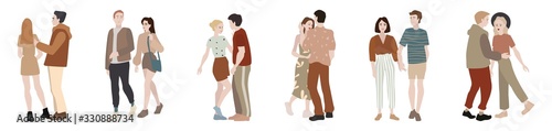 Collection of men and women in love. Group of male and female flat cartoon characters isolated on white background. Colorful vector illustration.