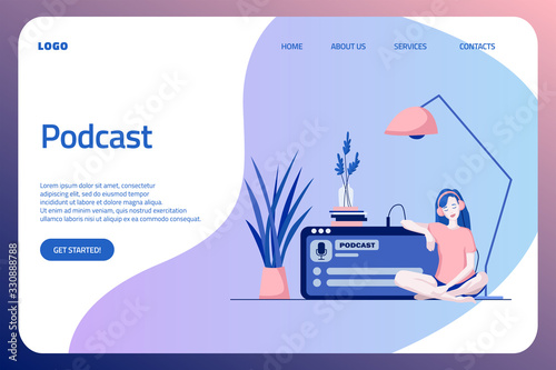 Podcast concept illustration. Webinar, online training, tutorial podcast concept. Young female listening to podcasting sitting on the floor of the house. Website landing page, web page.