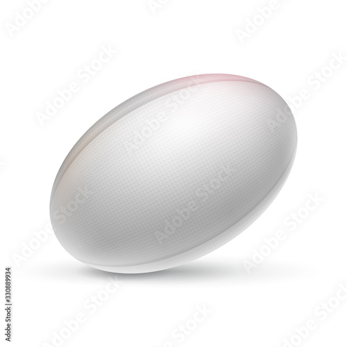 Realistic rugby ball with shadow. Sports equipment for team game on stadium vector illustration. White leather ball isolated on white background. Sports competition and outdoors activity.