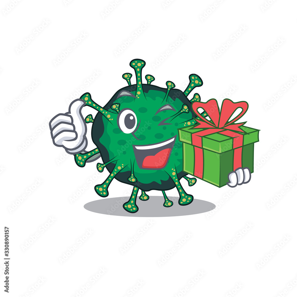 Obraz premium Smiley bat coronavirus cartoon character having a gift box