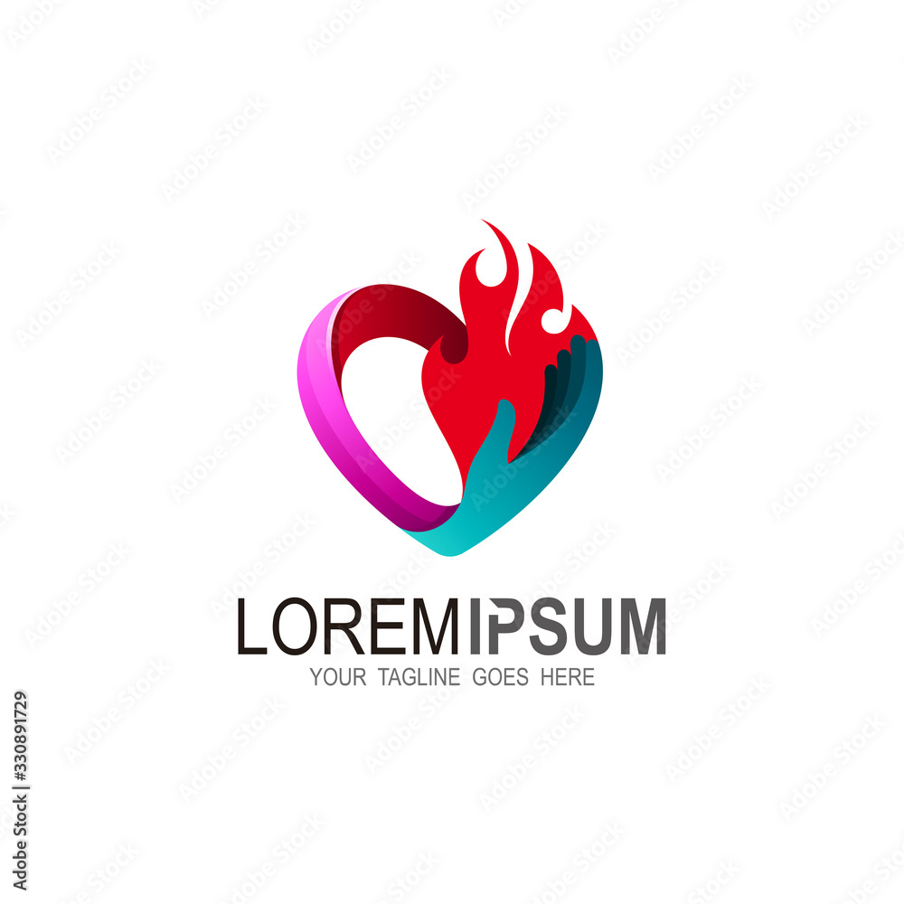 Hands and heart with fire logo. Icon of kindness and charity Hands and heart with fire logo. Icon of kindness and charity