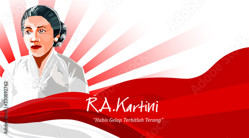 Raden Adjeng Kartini the heroes of women and human right in Indonesia. Pop art flag with red and white color background. - Vector