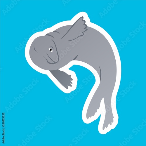 Sticker of Seals Swim While Waving Cartoon  Cute Funny Character  Flat Design