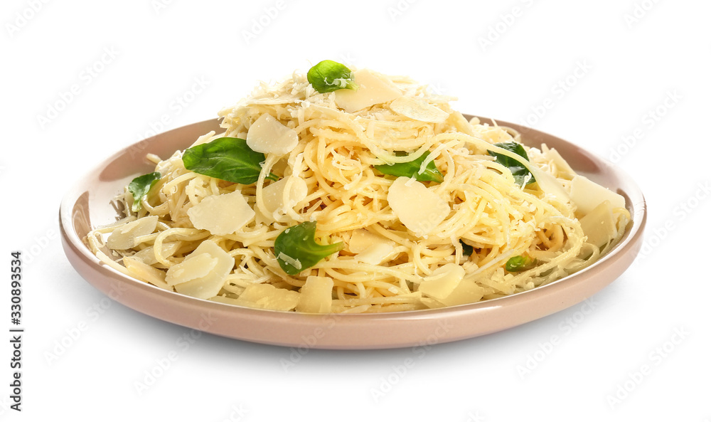Plate with tasty pasta and cheese on white background