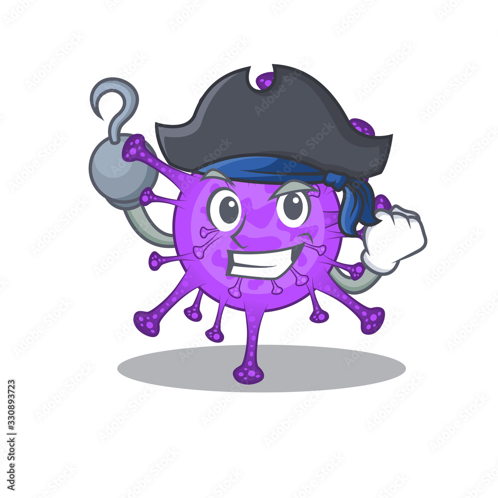 Cool bovine coronavirus in one hand Pirate cartoon design style with hat