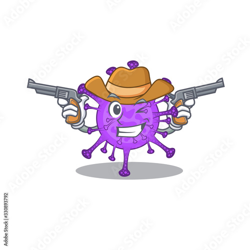 Funny bovine coronavirus as a cowboy cartoon character holding guns