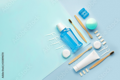 Set for oral hygiene on color background photo